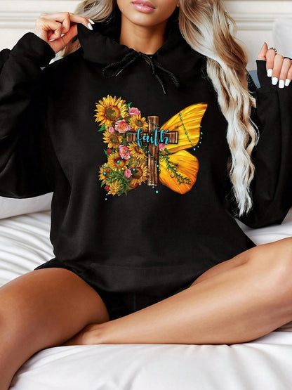 Women's Graphic Hoodie Sunflowers Blooming With Colorful Florals Beside A Yellow Butterfly