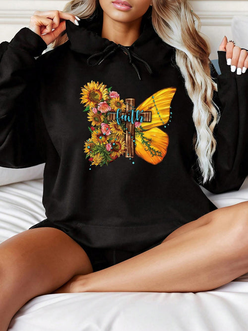 Women's Graphic Hoodie Sunflowers Blooming With Colorful Florals Beside A Yellow Butterfly