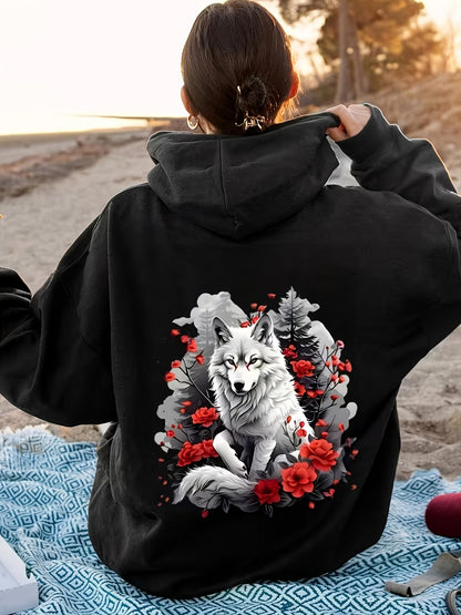 Women's Graphic Hoodie Wild Wolf Surrounded By Red Blossoms And Misty Pine Trees Wolf