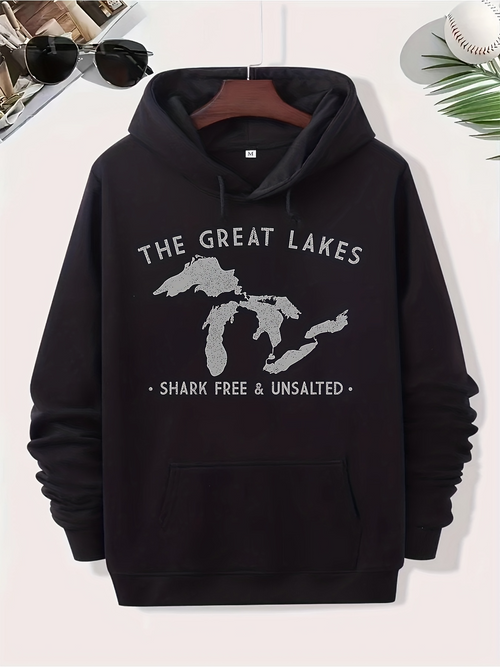 Men's Graphic Hoodie The Great Lakes Shark Free And Unsalted Surrounded By Water Map Graphic