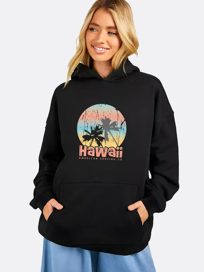 Women's Graphic Hoodie Hawaii Sunset Palms With Silhouetted Surfers Under Tropical Sky Hoodie