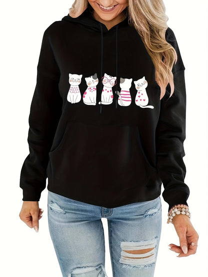 Women's Graphic Hoodie Five Playful Patterned Cats With Whimsical Tails And Soft Silhouettes Cat