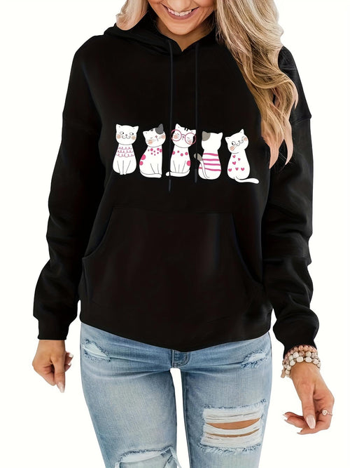 Women's Graphic Hoodie Five Playful Patterned Cats With Whimsical Tails And Soft Silhouettes Cat