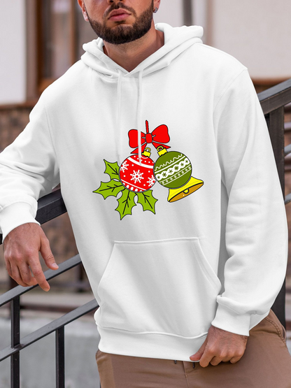Men's Graphic Hoodie Festive Holly Leaves With Red Bow And Christmas Ornaments