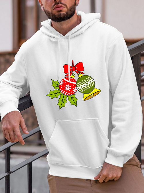 Men's Graphic Hoodie Festive Holly Leaves With Red Bow And Christmas Ornaments