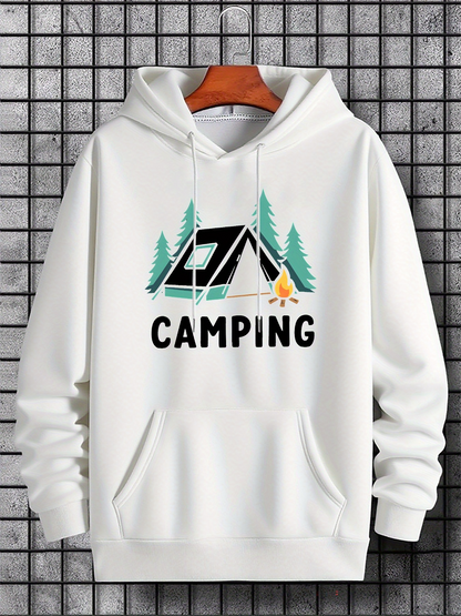 Men's Graphic Hoodie Camping In Pine Forest Beside Fire Under Moonlight Tent
