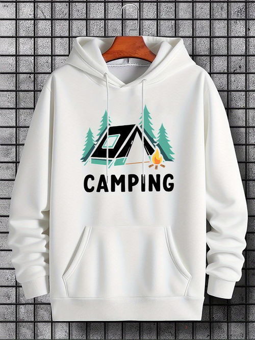 Men's Graphic Hoodie Camping In Pine Forest Beside Fire Under Moonlight Tent