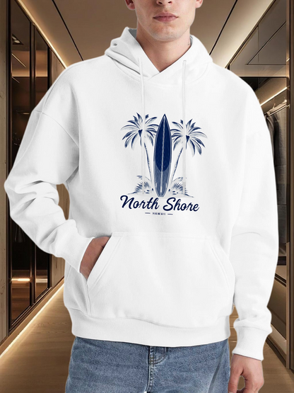 Men's Graphic Hoodie North Shore Surfer Lifestyle With Palms And Sand Surfboard