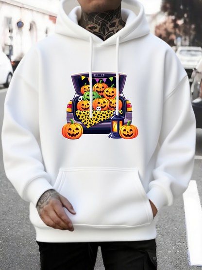 Men's Graphic Hoodie Halloween Pumpkins With Bright Smiling Faces In Open Car Trunk