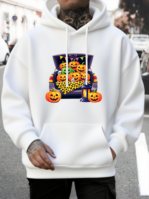 Men's Graphic Hoodie Halloween Pumpkins With Bright Smiling Faces In Open Car Trunk