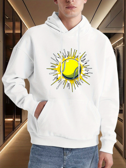 Men's Graphic Hoodie Radiant Yellow Sunburst With Vibrant Brushstroke Accents Shining Tennis Ball
