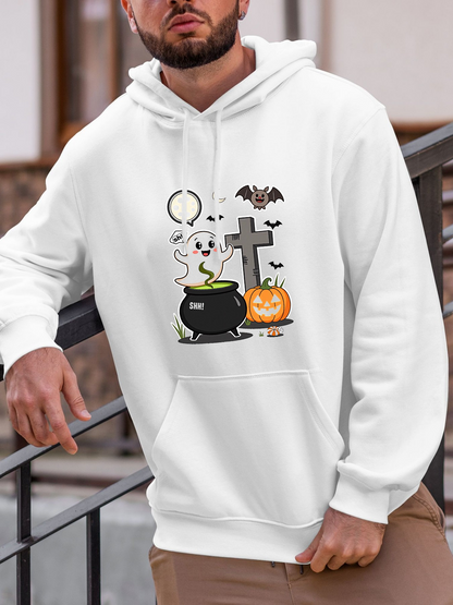 Men's Graphic Hoodie Cute Ghost Cauldron Bubbling With Pumpkins Cross And Flying Bat