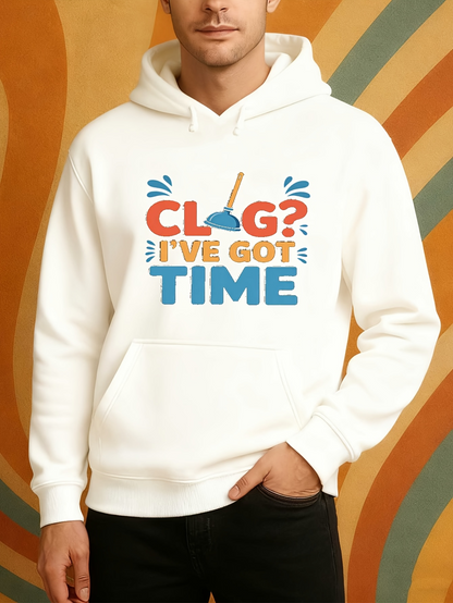 Men's Graphic Hoodie Clog Ive Got Time Vibrant Letters And Plunger Among Cartoon Style Splash Art Hoodie