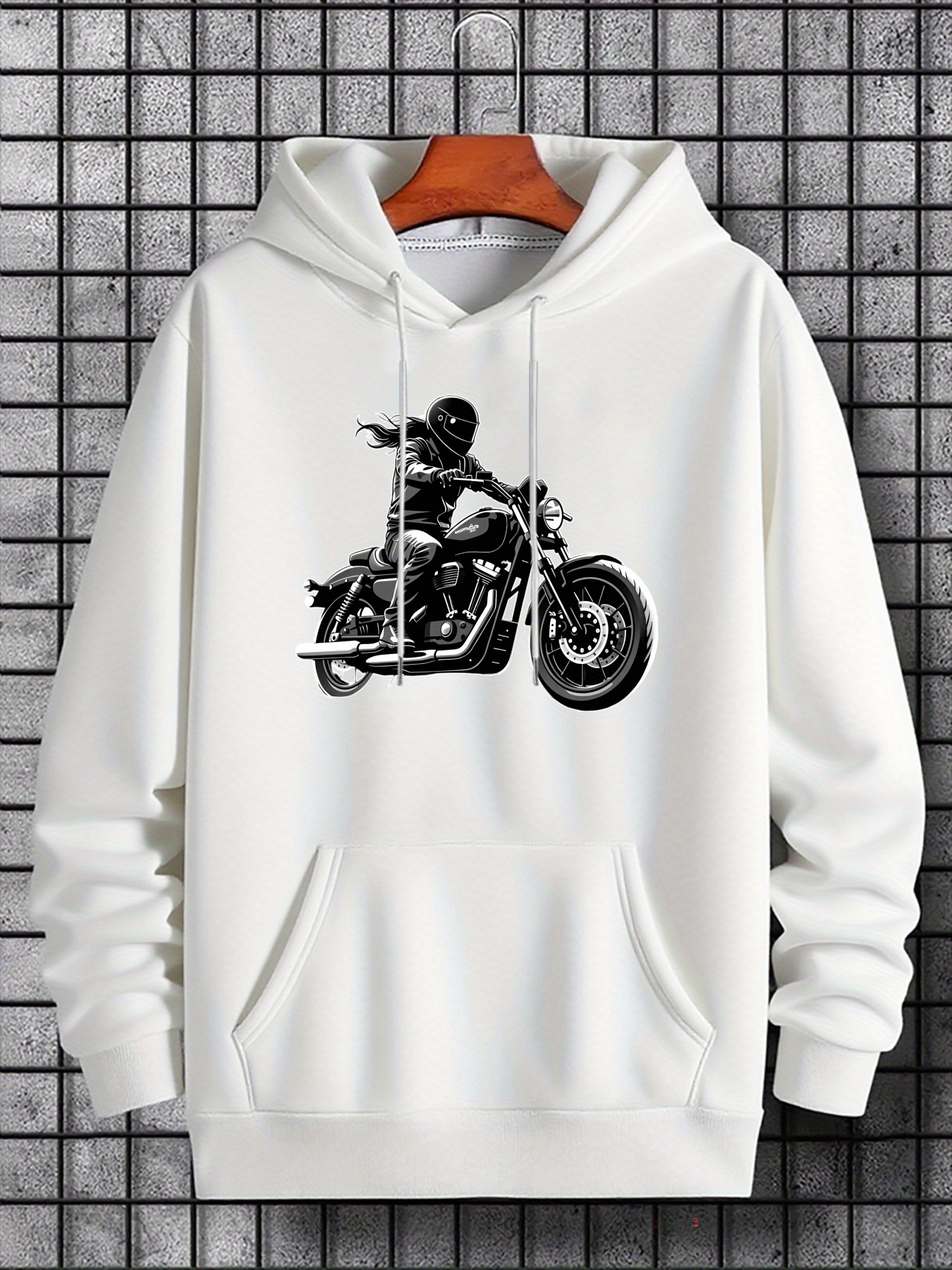 Men's Graphic Hoodie Adventurous Urban Motif With Rider Pointing On Powerful Classic Motorcycle
