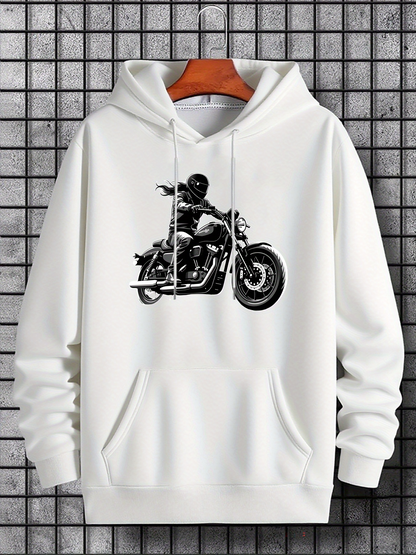 Men's Graphic Hoodie Adventurous Urban Motif With Rider Pointing On Powerful Classic Motorcycle
