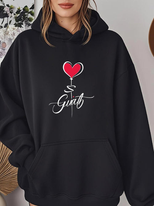 Women's Graphic Hoodie Cursive Lettering And Red Heart Floating Above Script Word Girl