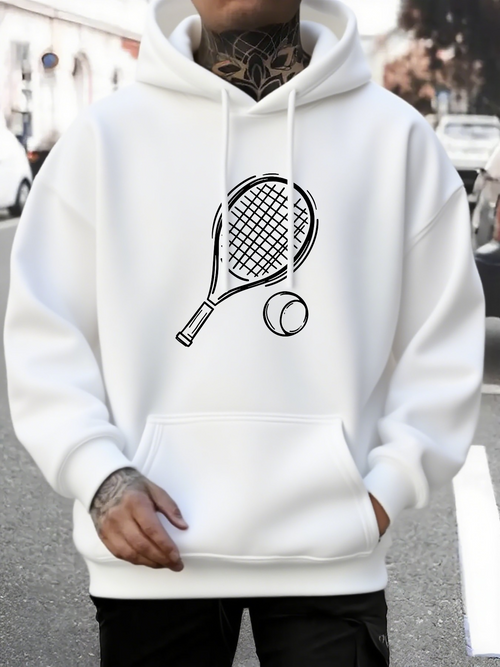 Men's Graphic Hoodie Minimalist Tennis Racket And Ball Line Drawing Hoodie