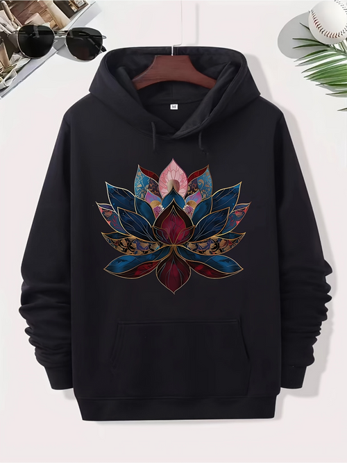 Men's Graphic Hoodie Vivid Multicolor Layered Petals Flower Mandala With Dark Lotus Blossom