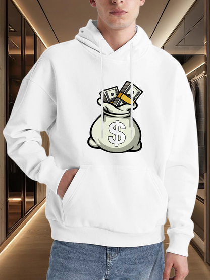 Men's Graphic Hoodie Crisp White Cotton Hoodie With Cartoon Money Bag And Dollar Bills Design
