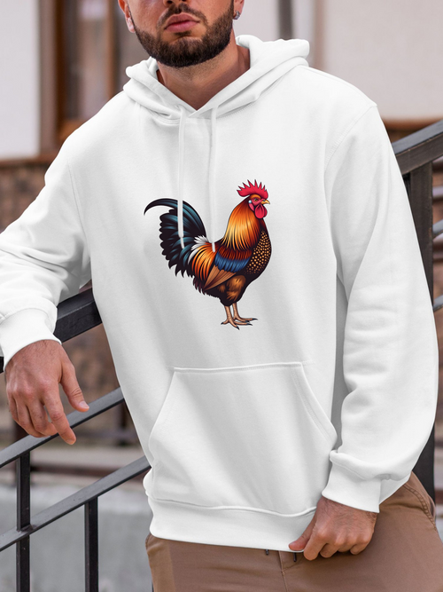 Men's Graphic Hoodie Colorful Feathers In Sunlight With Dramatic Farmyard Surrounding Rooster