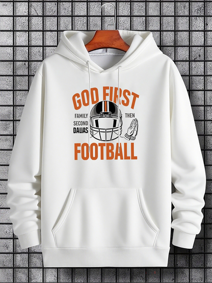 Men's Graphic Hoodie God First Helmet And Ball On White Football Hoodie