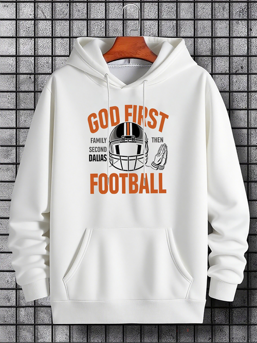 Men's Graphic Hoodie God First Helmet And Ball On White Football Hoodie