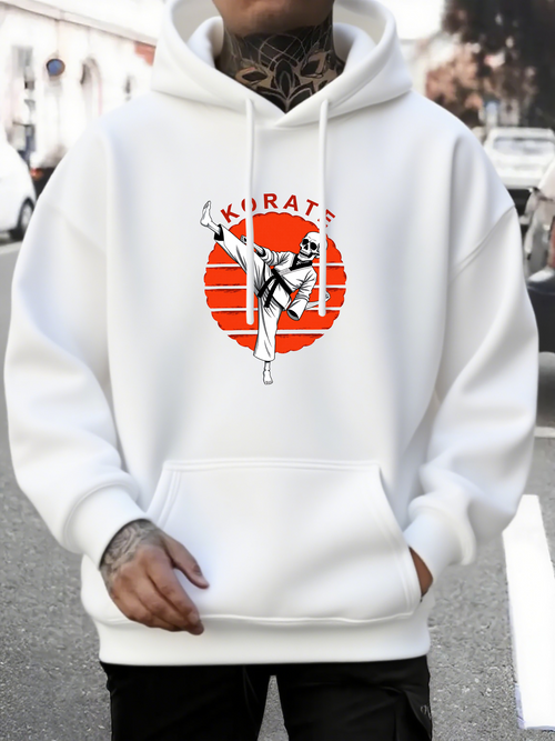 Men's Graphic Hoodie Karate Fighter Jump Kicking Over Rising Sun With Dynamic Martial Arts Pose