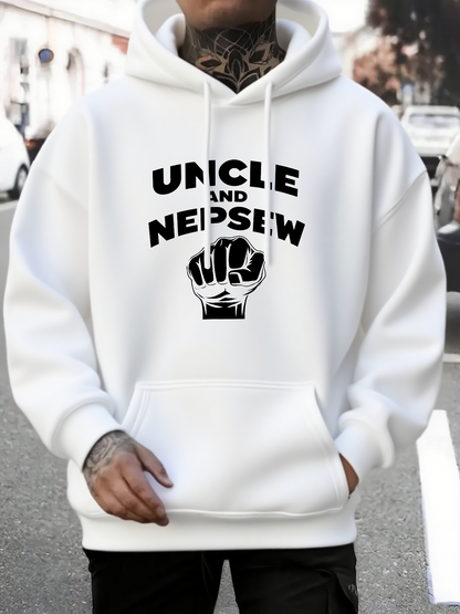 Men's Graphic Hoodie Uncle And Nephew Bold Letters Fist Bump Graphic On Cozy White Hoodie