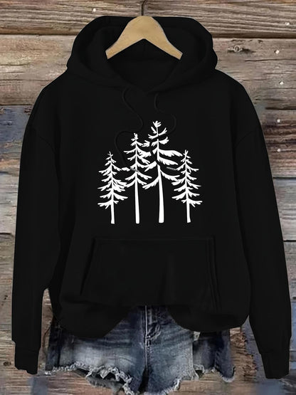 Women's Graphic Hoodie Minimalist Pine Forest Design On A Tranquil Black Hoodie Among Tall Trees