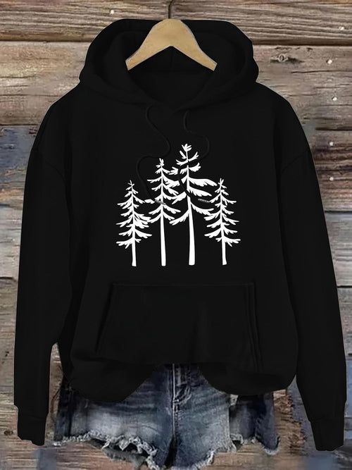 Women's Graphic Hoodie Minimalist Pine Forest Design On A Tranquil Black Hoodie Among Tall Trees