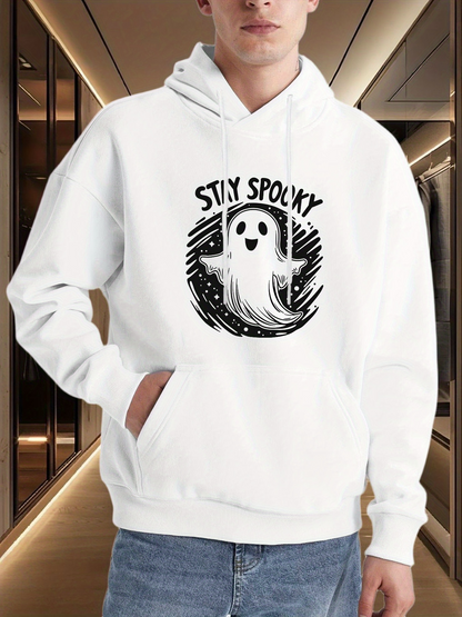 Men's Graphic Hoodie Stay Spooky Smiling Ghost In Doodle Circle Surrounded By Stars And Night Sky