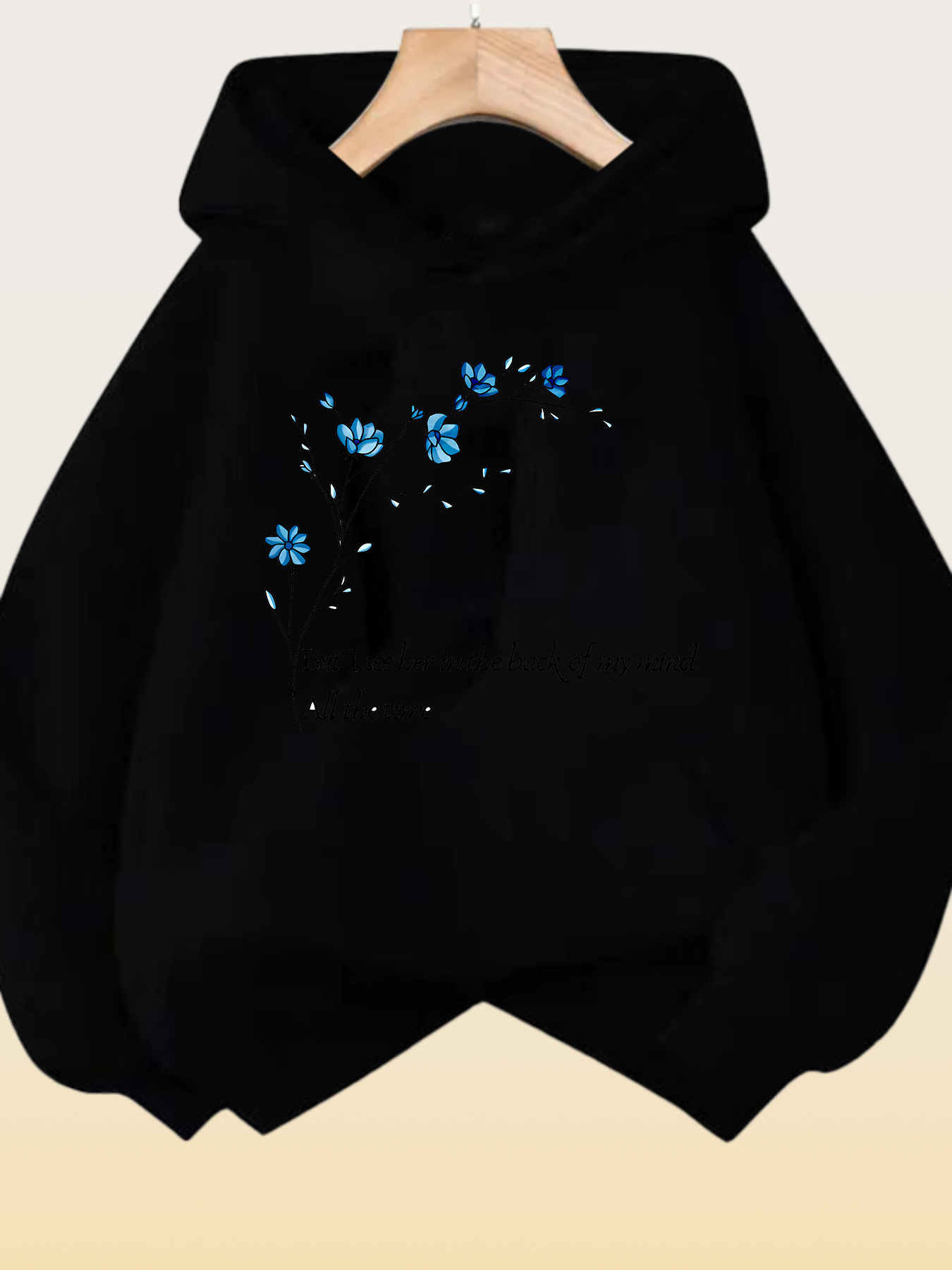 Women's Graphic Hoodie Shimmering Blue Petals Flowing In Soft Black Breeze Hoodie