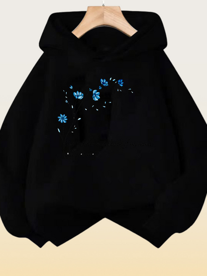 Women's Graphic Hoodie Shimmering Blue Petals Flowing In Soft Black Breeze Hoodie