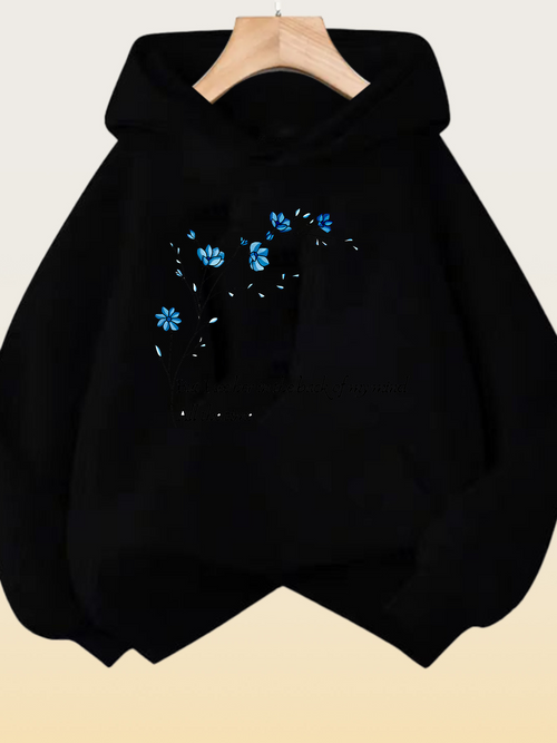 Women's Graphic Hoodie Shimmering Blue Petals Flowing In Soft Black Breeze Hoodie