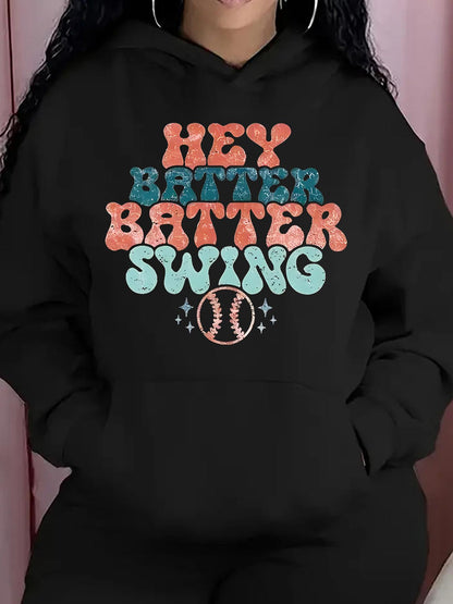 Women's Graphic Hoodie Hey Batter Batter Swing Colorful Retro Text With Classic Baseball Graphic