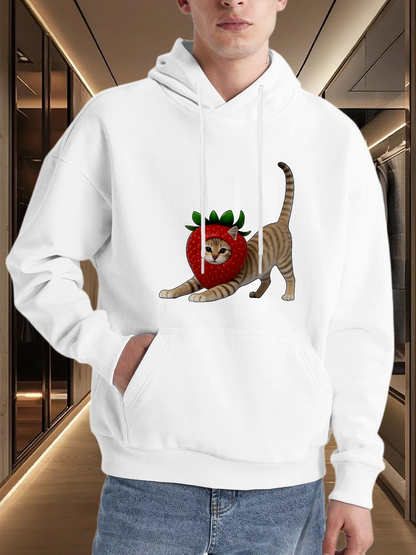 Men's Graphic Hoodie Stretching Tabby Cat Wearing A Playful Red Mask Among Green Leaves