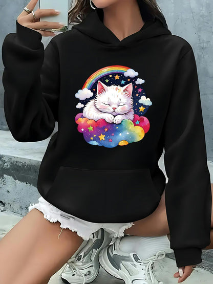 Women's Graphic Hoodie Sleeping Cat Resting Peacefully On Colorful Cloud With Rainbow