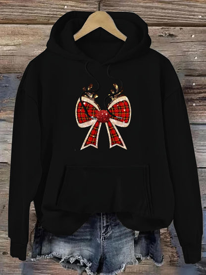 Women's Graphic Hoodie Plaid Patterned Bow With Golden Antlers On Black Hooded Sweatshirt