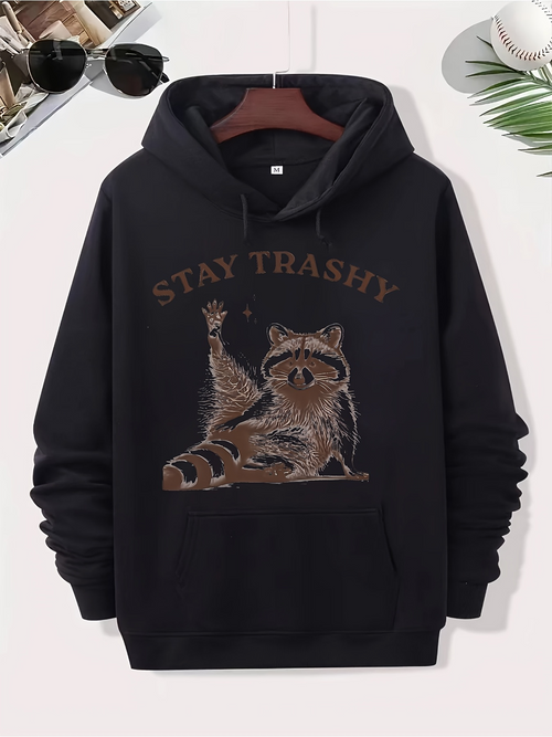 Men's Graphic Hoodie Stay Trashy With Relaxed Raccoon Posing Among Fallen Leaves Hoodie