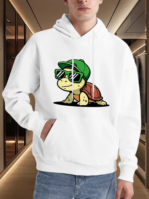 Men's Graphic Hoodie Cool Chill Lounge Turtle With Green Hat Sunglasses Walking On White Ground