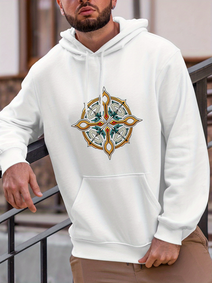 Men's Graphic Hoodie Golden Lattice Star Motif With Blue Green Florals And Leaf Pattern Emblem