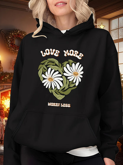 Women's Graphic Hoodie Love More Among Woven Green Leaves And Two White Daisies Heart