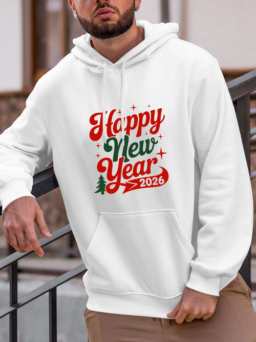 Men's Graphic Hoodie Happy New Year 2026 Festive Colors With Sparkling Decorative Elements Hoodie