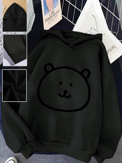 Women's Graphic Hoodie Simple Smiling Bear Face With Soft Edges Black Hoodie