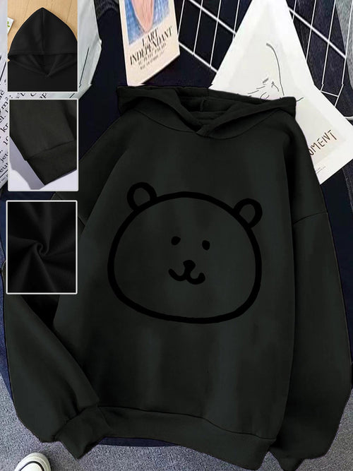 Women's Graphic Hoodie Simple Smiling Bear Face With Soft Edges Black Hoodie