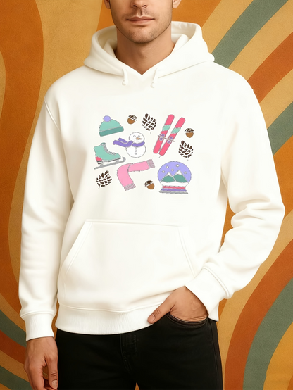 Men's Graphic Hoodie Colorful Winter Gear With Skis And Cozy Knitted Hat