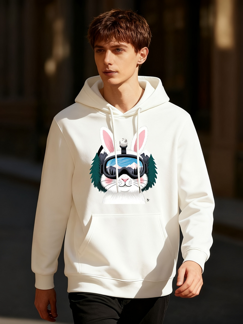 Men's Graphic Hoodie Cool Rabbit Wearing Blue Goggles With Pine Branches Surrounding Bunny