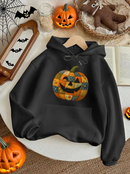 Women's Graphic Hoodie Patchwork Halloween Pumpkin Surrounded By Autumn Leaves Festive Pumpkin