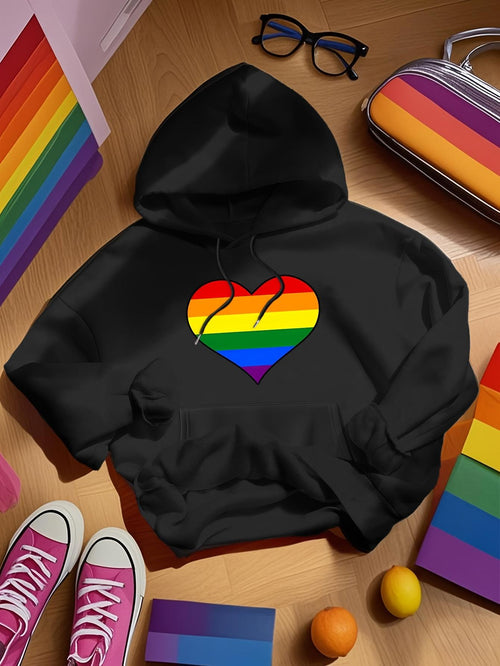 Women's Graphic Hoodie Bold Striped Rainbow Heart On Classic Black Hoodie