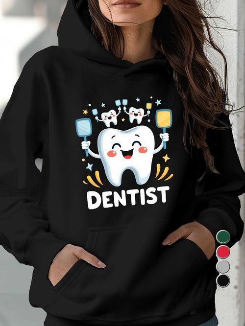 Women's Graphic Hoodie Dentist Happy Cartoon Tooth With Sparkling Brushes And Smiling Characters Tooth